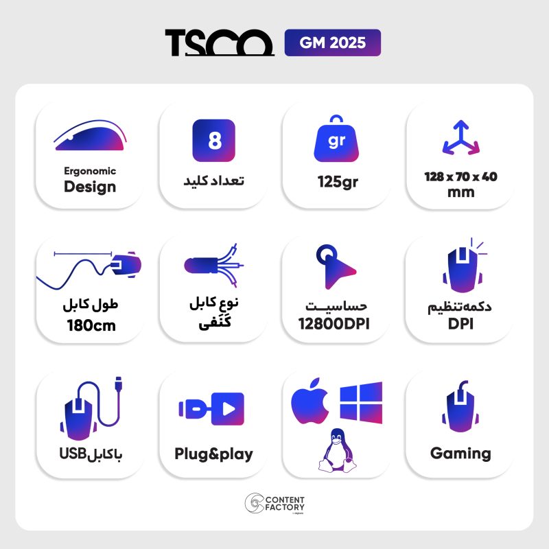 ماوس مخصوص بازی تسکو مدل  GM 2025 | مشکی | گارانتی 12 ماهه توسن سیستم