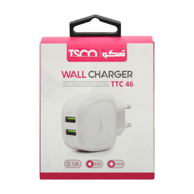 شارژر دیواری تسکو مدل TTC 46 به همراه کابل تبدیل microUSB | سفید | گارانتی 12 ماهه توسن سیستم