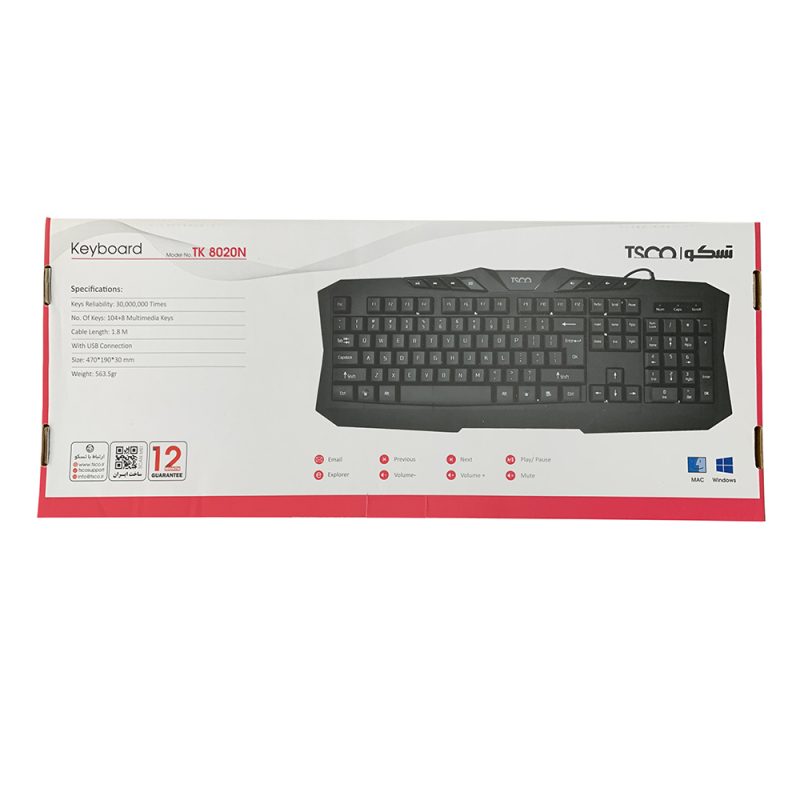 کیبورد تسکو مدل TK 8020N، سوییچ ممبران، Full-Size | مشکی | گارانتی 12 ماهه توسن سیستم
