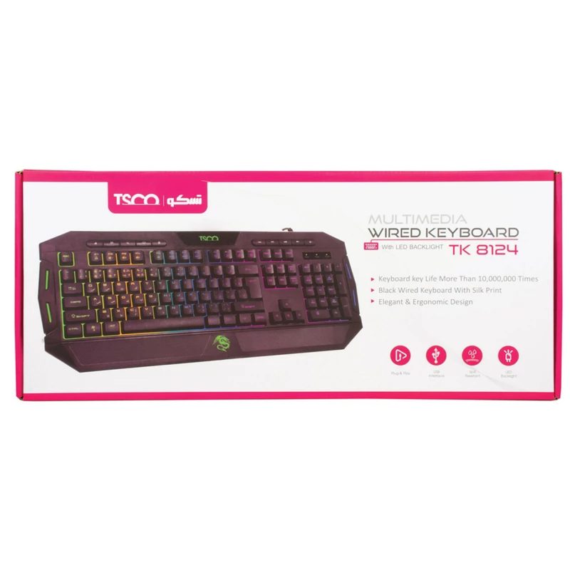 کیبورد گیمینگ تسکو مدل TK 8124، سوییچ ممبران، Full-Size، نورپردازی RGB LED | مشکی | گارانتی 12 ماهه توسن سیستم