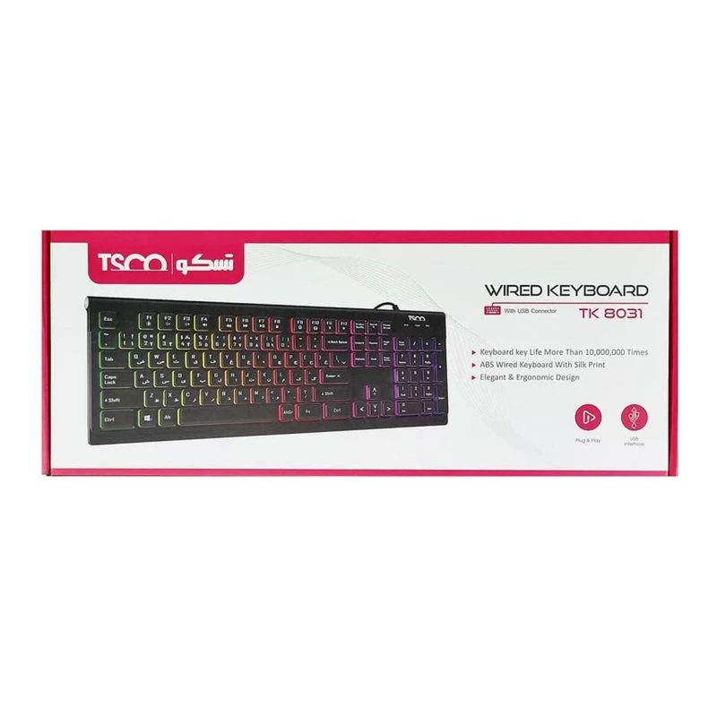 کیبورد گیمینگ تسکو مدل TK 8031، سوییچ ممبران، Full-Size، نورپردازی RGB | مشکی | گارانتی 12 ماهه توسن سیستم