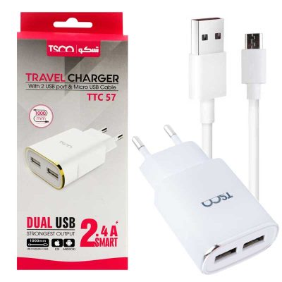 شارژر دیواری تسکو مدل TTC 57 به همراه کابل تبدیل microUSB  | سفید | گارانتی 12 ماهه توسن سیستم
