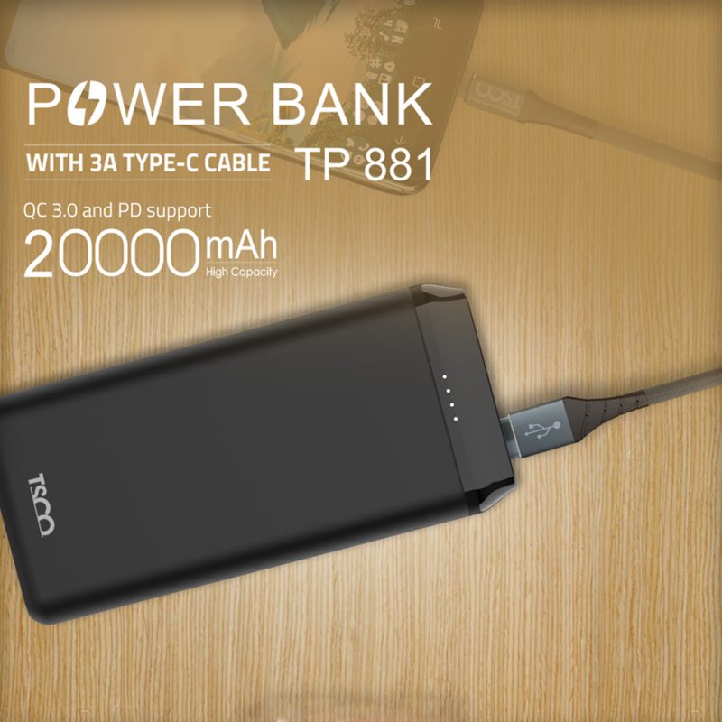 پاوربانک 22.5 وات تسکو مدل TP881 ظرفیت 20000 میلی آمپر ساعت | مشکی | گارانتی 12 ماهه توسن سیستم