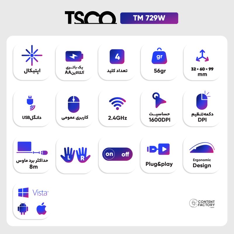 ماوس بی سیم تسکو مدل TM 729W | مشکی | گارانتی 12 ماهه توسن سیستم